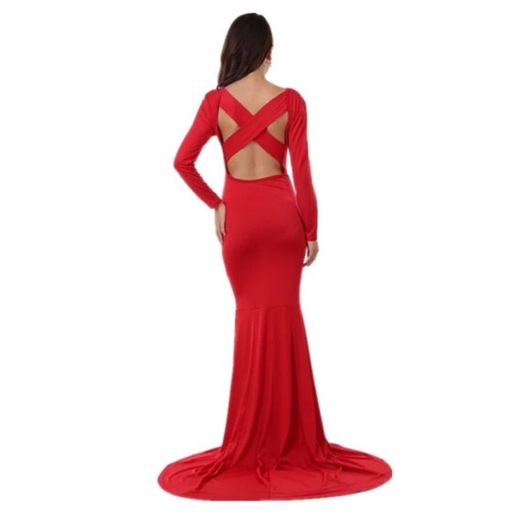 Red Long-Sleeve Backless Criss-Cross Stretchy Mermaid Gown With Elegant Floor-Le - Picture 1 of 7